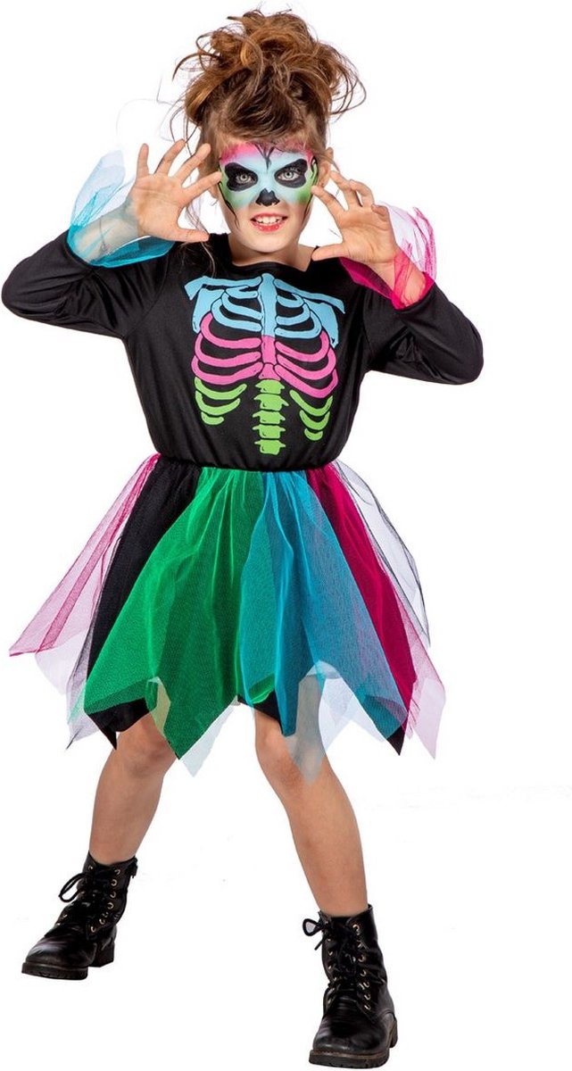 Spook & Skelet Kostuum | Trek In Een Kleurig Hapje Skelet | Meisje | Maat 152 | Halloween | Verkleedkleding